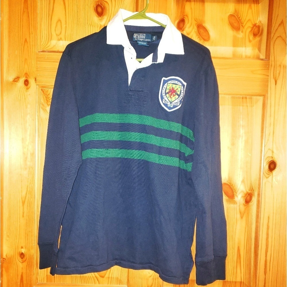 Polo Ralph Lauren Mens Custom Fit Rugby Shirt Navy Blue Green Stripe Crest Med